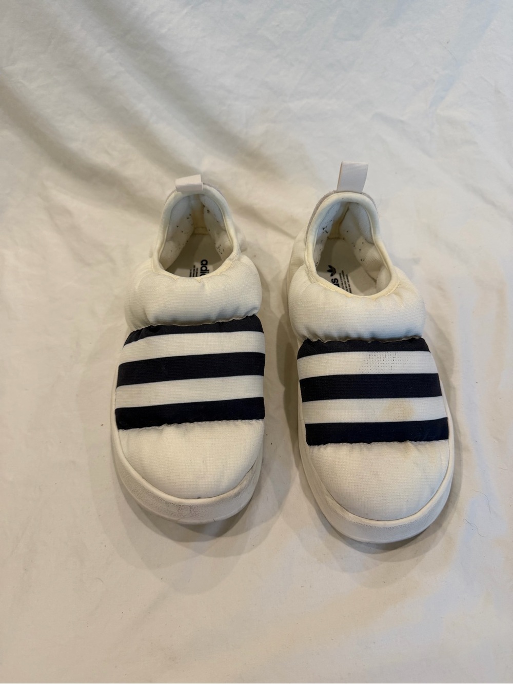 adidas White Slip-On Sneakers with Navy Stripes